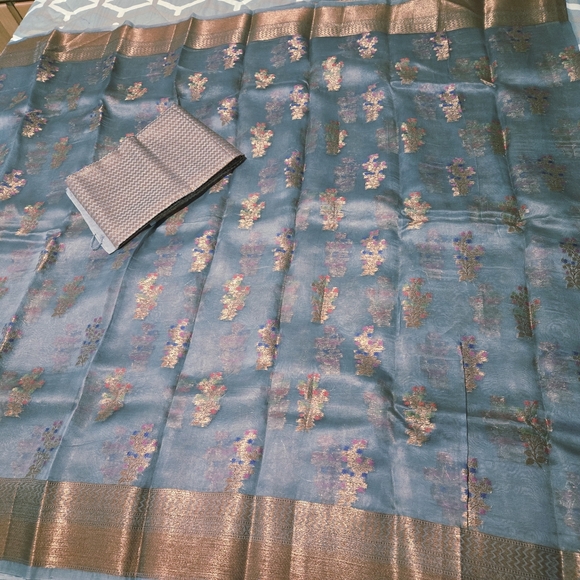 India Boutique Other - Beautiful Slate Grey Pure Organza Silk Sari with Matching Brocade Blouse Piece
